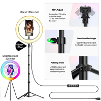 Kruhové světlo se stativem mobilní telefon, 10palcové kruhové světlo 3 denní světlo + 47 režimů RGB Selfie Led Ring Light se sta